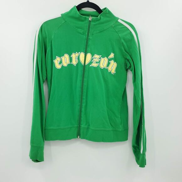 Y2K Corazon Track Jacket Zip Up Gangster Tattoo Graphic Womens Jr Large Green - Picture 1 of 6